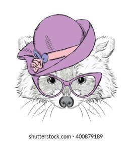 Cute raccoon in a ladies' hat. Vector illustration. Print.