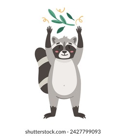 Cute raccoon with leaves. Raccoon in standing pose with hands up vector illustration