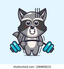 Cute raccoon lifting barbell. Cute cartoon animal illustration.
