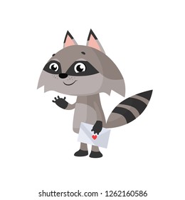 Cute raccoon with love letter. Valentine card, letter, animal. Can be used for topics like cartoon, Valentines day, love
