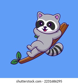 Cute Raccoon Lying On Branch Cartoon Vector Icons Illustration. Flat Cartoon Concept. Suitable for any creative project.