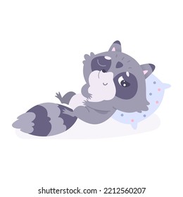 Cute Raccoon Lying On Pillow In Bed Vector Illustration. Cartoon Isolated Playful Adorable Baby Racoon Character With Funny Face, Paws And Striped Tail Playing In Bedroom With Smile, Small Animal