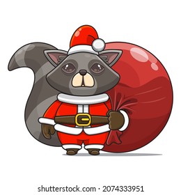cute raccoon mascot, carrying red bundle bag and wearing santa claus costume, cute animal character wearing christmas costume, front view. kawaii and shiny style, perfect for christmas content