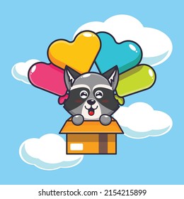 cute raccoon mascot cartoon character fly with balloon