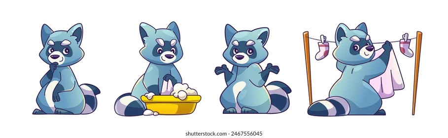 Cute raccoon mascot. Funny wash animal character. Racoon drawing set with basin and different pose isolated icon on white background. Lovely comic grey wild child washing clothes with hand and drying