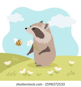 Cute raccoon in a meadow with daisies. Print for children, card, flat illustration