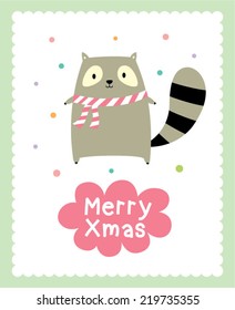 cute raccoon merry christmas greeting card