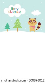 cute raccoon merry christmas greeting card vector