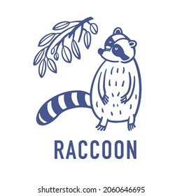 Cute raccoon. North American animal, native mammal. Outline logo design. Vector illustration isolated on white background.