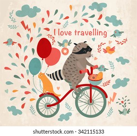 Cute raccoon on a bicycle with a cat, birds, balloons and drops. 'I love travel' text. Trip, journey. Vector illustration
