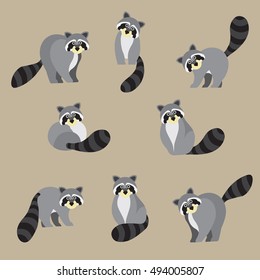 Cute raccoon on brown background. Animal cartoon design. 