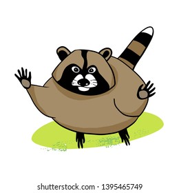 Cute raccoon on green grass, cartoon character raccoon, pet, drawing, color image, vector outline drawing, for children
