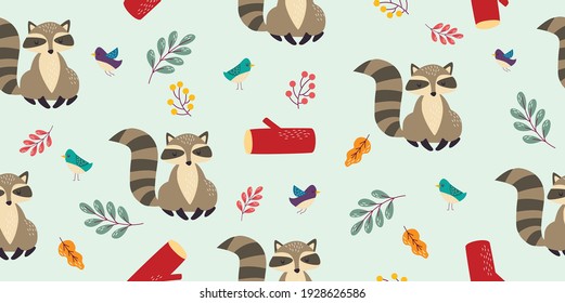 Cute raccoon on light background with blue and green birds. Illustration with animals, forest berries, and green tries branches. Seamless vector pattern with animals in the children Scandi style.
