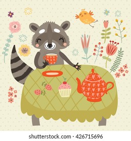 Cute raccoon on a picnic