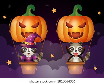 Cute raccoon on pumpkin air balloon