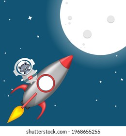 Cute raccoon on rocket flying to moon into space. vector illustation.