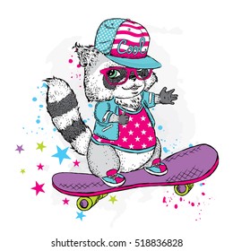Cute raccoon on a skateboard. Vector illustration. Raccoon playing sports. Extreme sports. Figure for a card or poster. Print on clothes.