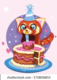 Cute raccoon with party hat and birthday cake