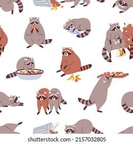 Cute raccoon pattern. Seamless background with funny baby animal eating, sleeping. Repeating print with lovely character.Colored flat vector illustration of endless texture for decoration, textile