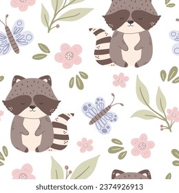 Cute raccoon pattern. Seamless background with funny baby animal. Repeating print with lovely character.