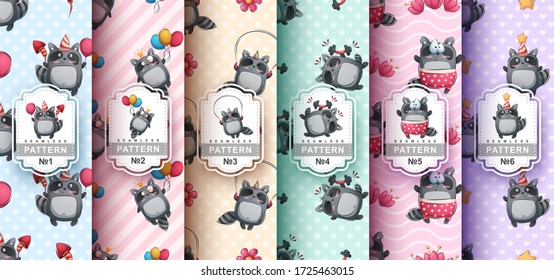 Cute raccoon pattern set six items. Vector eps 10