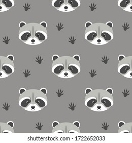 Cute raccoon and paw print seamless pattern. Funny woodland forest animal. Cartoon vector illustration 