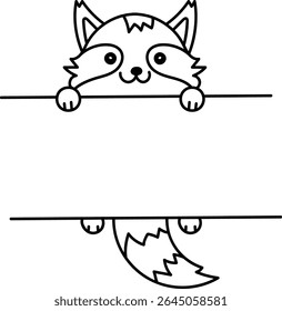 A cute raccoon peeks over a blank sign in a cartoon style. The playful animal holds the sign with its paws and tail visible below. Cartoon vector illustration.