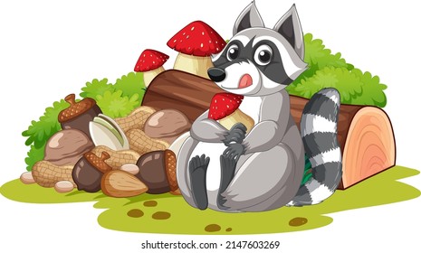 Cute raccoon with pile of nuts illustration