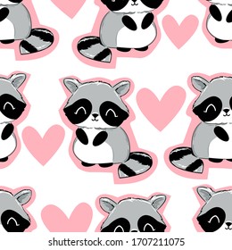 Cute Raccoon and pink heart seamless. Woodland cute animal pattern background. illustration