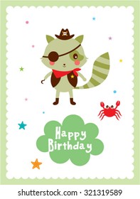 cute raccoon pirate happy birthday greeting card