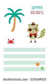 cute raccoon pirate summer holidays tag vector