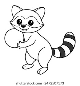 Cute Raccoon Playing Football, Coloring Book IllustrationCute Raccoon Playing Football, Coloring Book Illustration