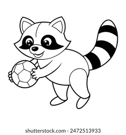 Cute Raccoon Playing Football, Coloring Book IllustrationCute Raccoon Playing Football, Coloring Book Illustration