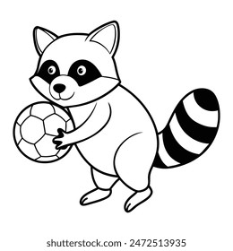 Cute Raccoon Playing Football, Coloring Book IllustrationCute Raccoon Playing Football, Coloring Book Illustration