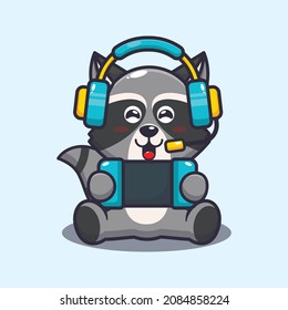 Cute raccoon playing a game. Cute cartoon animal illustration.