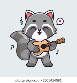 Ilustración De Icono Del Vector De Guitarra De Raccoon Cute. Vector Premium Aislado De Concepto De Icono De Música Animal. Estilo de dibujo plano