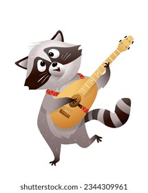 Cute raccoon playing guitar or ukulele and dancing. Funny animal character playing ukulele musical instrument for kids show. Children event Illustration, vector clipart in watercolor style.