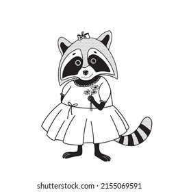 cute raccoon portrait with flowers, vector illustration, funny animal character clipart