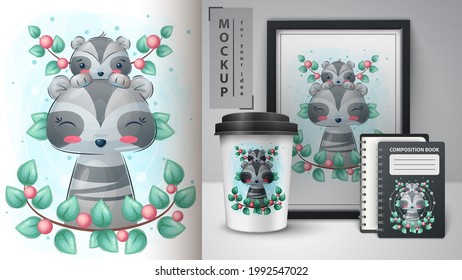 Cute raccoon poster and merchandising.