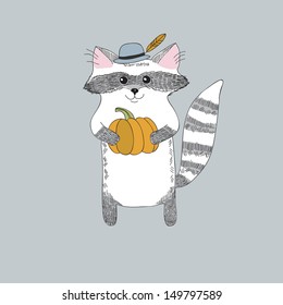 Cute raccoon with the pumpkin. Vector illustration