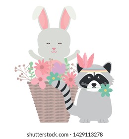 cute raccoon and rabbit in basket bohemian style