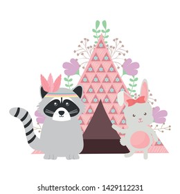 cute raccoon and rabbit with indian tent boho style