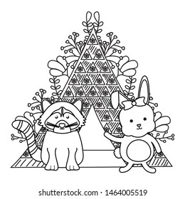 cute raccoon and rabbit with indian tent boho style