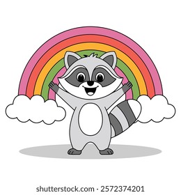Cute Raccoon with Rainbow Cartoon Illustration