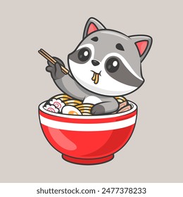 Cute Raccoon In Ramen Noodle With Chopstick Cartoon Vector Icon Illustration. Animal Food Icon Concept Isolated Premium Vector. Flat Cartoon Style