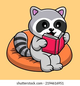 Cute Raccoon Reading Book On Pillow Cartoon Vector Icon Illustration. Flat Cartoon Concept
