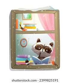 Cute Raccoon Reading Book at Winter Window isolated clipart. Animal cartoon for kids, reading a fairytale or studying animal. Storytelling book for children. Vector illustration in watercolor style.