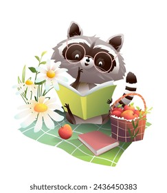 Cute raccoon reading books or study, on picnic blanket with a basket of apples. Summer or spring cartoon for children with animal reading books. Vector animals in nature clip art collection.