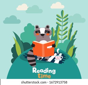 Cute raccoon reads a book in the park. Summer landscape background