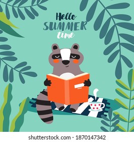 Cute raccoon reads a book under the tree. Funny animal relaxing in park
